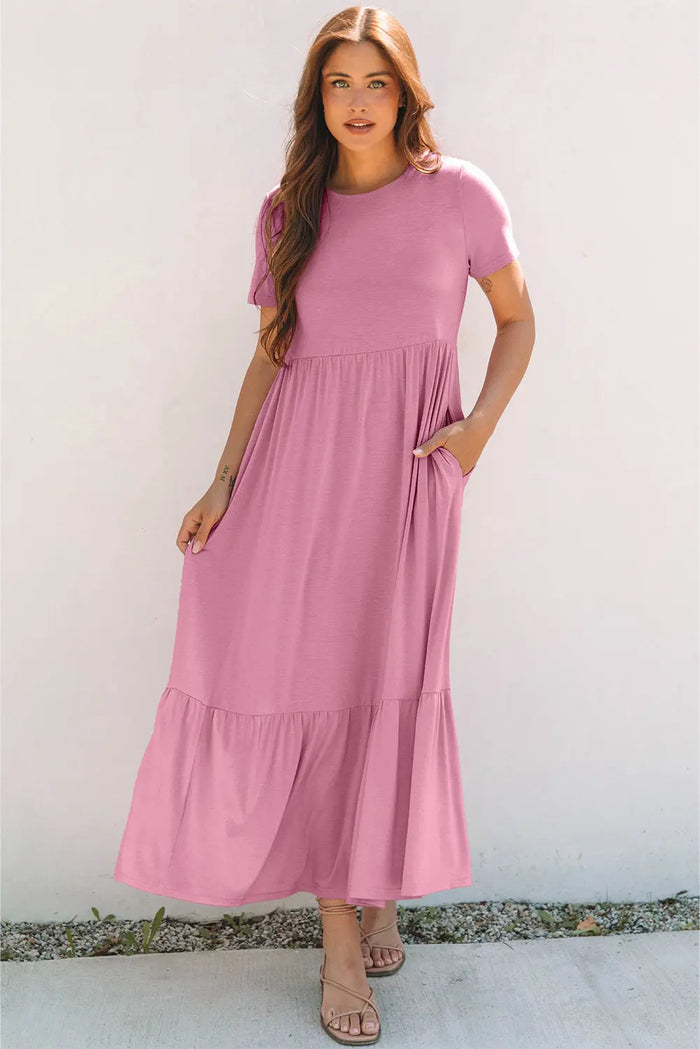 Pink Solid Colour T-shirt High Waist Pocketed Long Dress - S / 65% Polyester + 30% Viscose + 5% Elastane - Dresses/Maxi