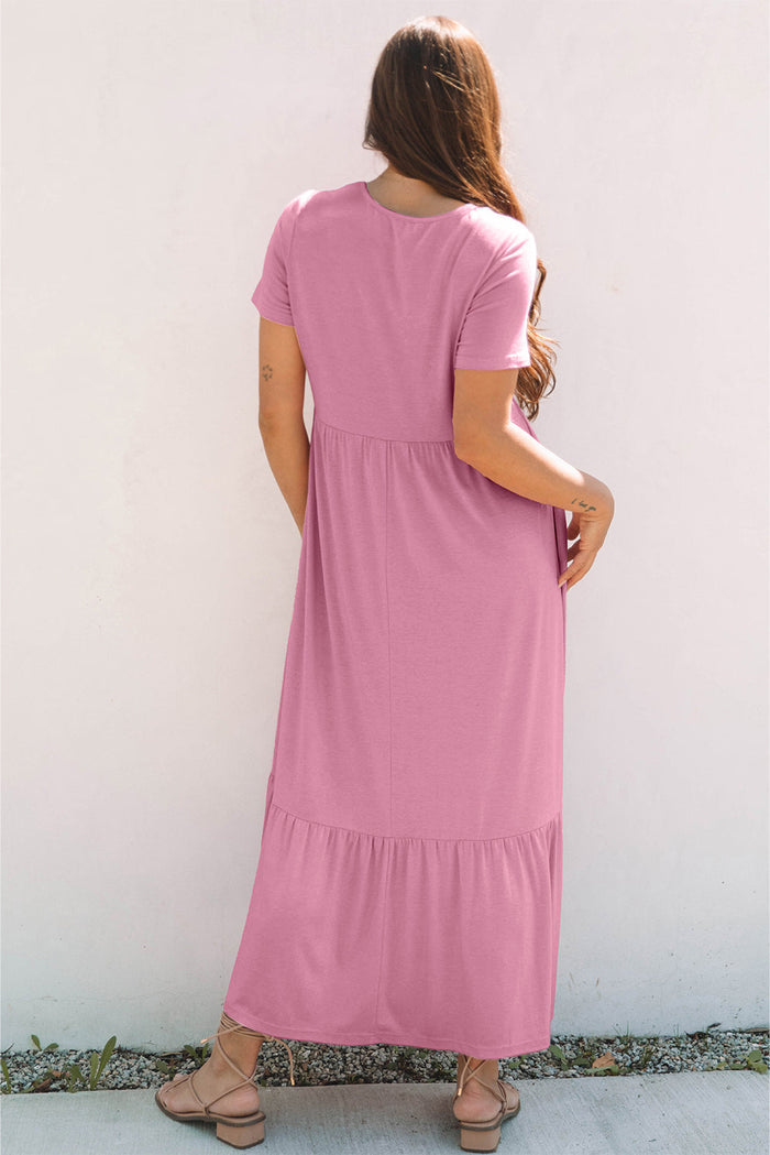 Pink Solid Colour T-shirt High Waist Pocketed Long Dress - Dresses/Maxi Dresses