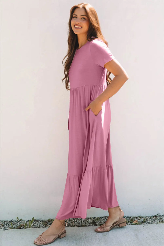 Pink Solid Colour T-shirt High Waist Pocketed Long Dress - Dresses/Maxi Dresses