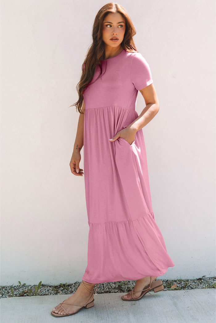 Pink Solid Colour T-shirt High Waist Pocketed Long Dress - Dresses/Maxi Dresses