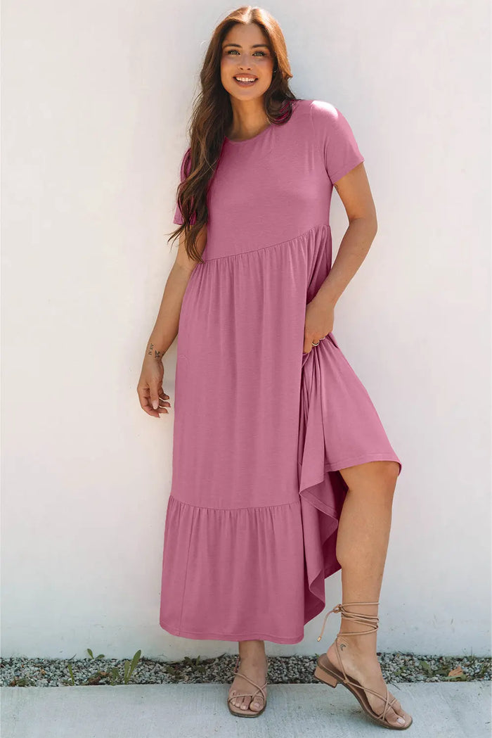 Pink Solid Colour T-shirt High Waist Pocketed Long Dress - Dresses/Maxi Dresses