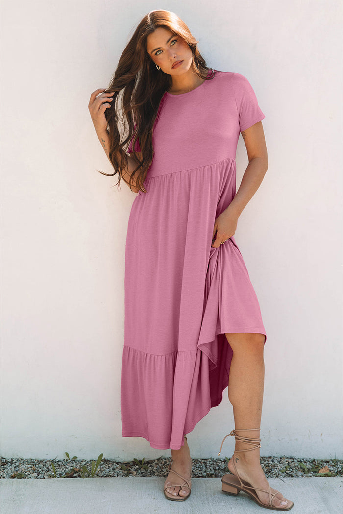 Pink Solid Colour T-shirt High Waist Pocketed Long Dress - Dresses/Maxi Dresses