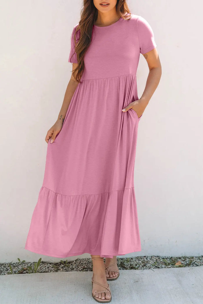 Pink Solid Colour T-shirt High Waist Pocketed Long Dress - Dresses/Maxi Dresses