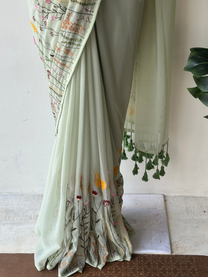 Pista green garden emb georgette saree