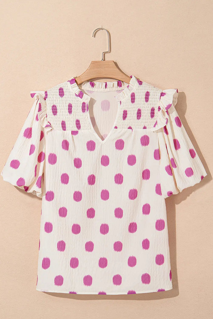 Rose Polka Dot Print Shirred Yoke Notched Neck Balloon Sleeve Blouse - Tops/Blouses & Shirts