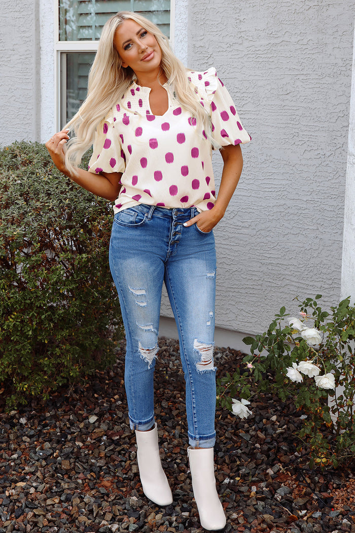 Rose Polka Dot Print Shirred Yoke Notched Neck Balloon Sleeve Blouse - Tops/Blouses & Shirts