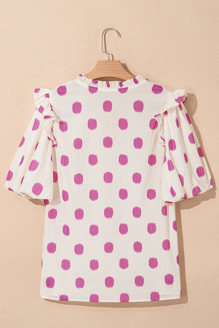 Rose Polka Dot Print Shirred Yoke Notched Neck Balloon Sleeve Blouse - Tops/Blouses & Shirts