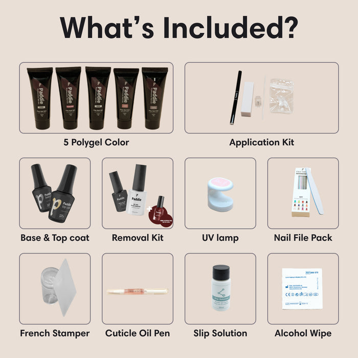 Polygel Intermediate Kit Includes 5 polygel colors, nail clip, 2 nail brush and cuticle pushers, 20 dual forms, slip solution, UV lamp, base & top coat, 6 nail files, wooden stick, alcohol wipe, removal kit, cuticle oil pen, and French nail art stamp.