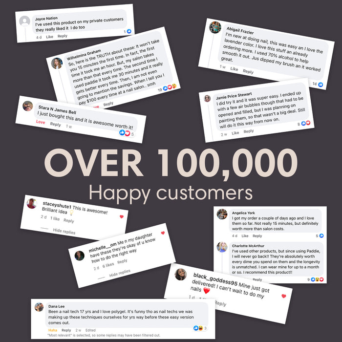 A screenshot of social media posts and comments, showcasing positive experiences with Paddie’s Nail Polygel Intermediate Kit.