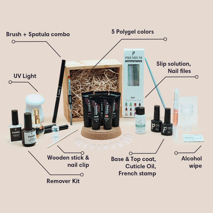 Polygel nail kit for DIY polygel nails. Includes 5 polygel color, nail clip, 2  2in1 nail brush and cuticle pusher combo, 20 dual forms nail tips, slip solution, UV lamp, base & top coat, nail file pack, wooden stick, alcohol wipe, removal kit, cuticle oil pen, and French nail art stamp.