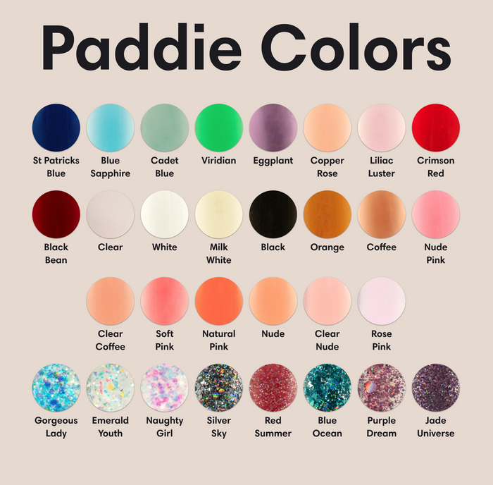 30+ polygel nail color options included with Paddie starter kit. Nail Polygel color options include - St Patricks Blue, Blue Sapphire, Clear, Cadet Blue, Viridian, Soft Pink, Clear Coffee, Emerald Youth, Naughty Girl, White, Silver Sky, Natural Pink, Nude, Eggplant, Milk White, Red Summer, Black, Blue Ocean, Copper Rose, Liliac Luster, Orange, Clear Nude, Rose k, Gorgeous Lady, Crimson Red, Black Bean, Coffee, Purple Dream, Jade Universe, Nude pink.