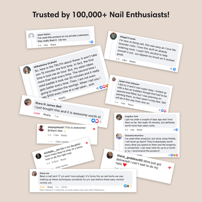 Trusted by 100,000+ customers — real reviews of Paddie polygel nail kit. A screenshot of social media posts and comments, showcasing positive experiences with Paddie’s Nail Polygel Starter Kit.