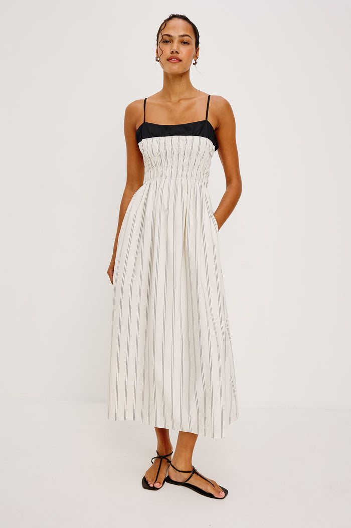 Primrose Maxi Dress in Cotton Poplin With Adjustable Shoulder Straps Smocked Bodice in Palma Stripe Colorway - Full Body Front View Featured on Model