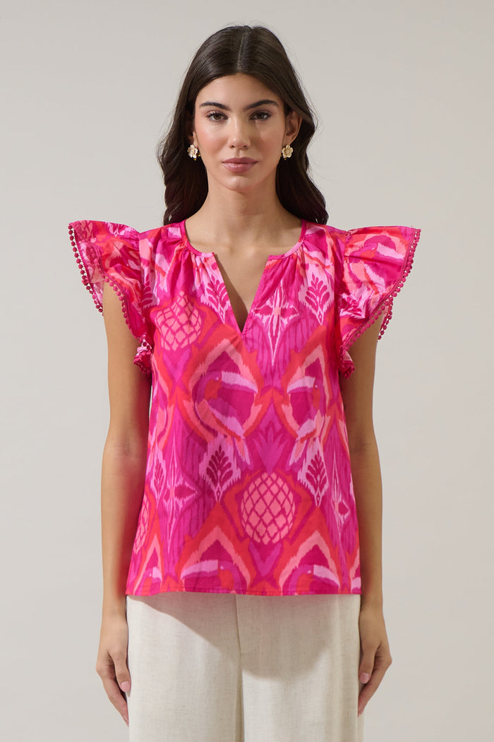 Prissa Ikat Carya Ruffle Poplin Top