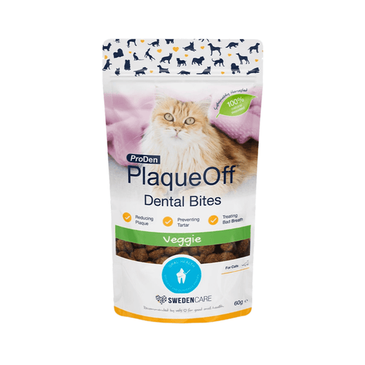 White background with a packet of ProDen PlaqueOff Dental Bites Veggie flavour for Cats. Pictured on the packet is a long haired tabby cat.