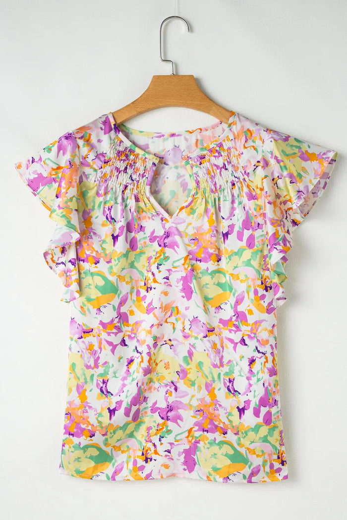 Purple Abstract Printed Ruffled Short Sleeve Notched Neck Blouse - Tops/Blouses & Shirts