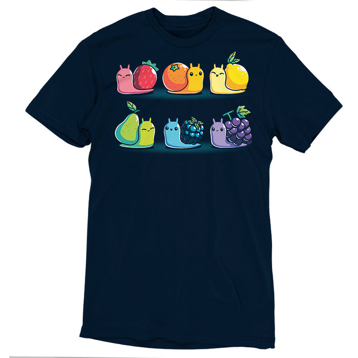 Premium Cotton T-shirt_TeeTurtle navy blue Rainbow Fruit Snails featuring six colorful rainbow fruit snails with fruit shells: strawberry, orange, lemon, pear, blackberry, and grape.