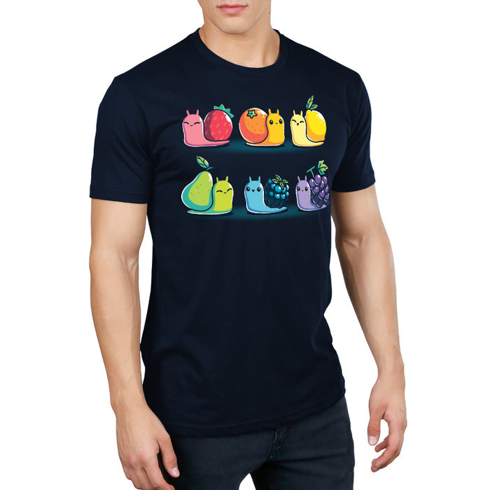Premium Cotton T-shirt_TeeTurtle navy blue Rainbow Fruit Snails featuring six colorful rainbow fruit snails with fruit shells: strawberry, orange, lemon, pear, blackberry, and grape.