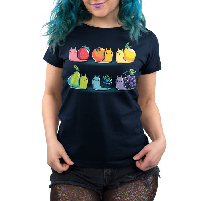 Premium Cotton T-shirt_TeeTurtle navy blue Rainbow Fruit Snails featuring six colorful rainbow fruit snails with fruit shells: strawberry, orange, lemon, pear, blackberry, and grape.