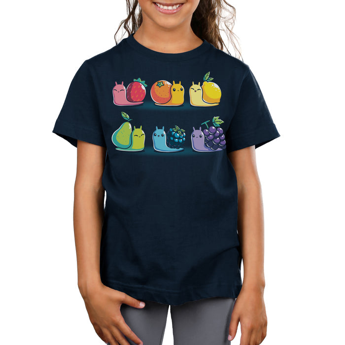 Premium Cotton T-shirt_TeeTurtle navy blue Rainbow Fruit Snails featuring six colorful rainbow fruit snails with fruit shells: strawberry, orange, lemon, pear, blackberry, and grape.