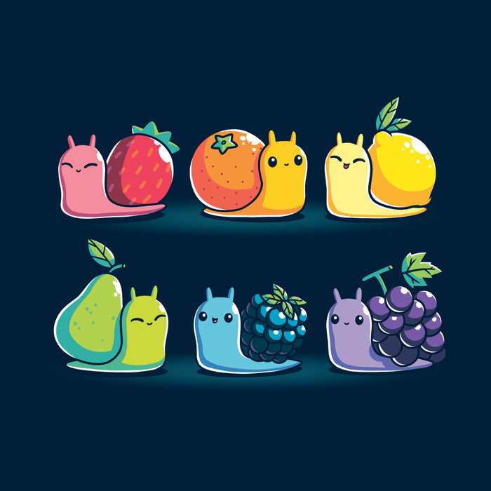 Classic Cotton T-shirt_TeeTurtle navy blue Rainbow Fruit Snails featuring six colorful rainbow fruit snails with fruit shells: strawberry, orange, lemon, pear, blackberry, and grape.