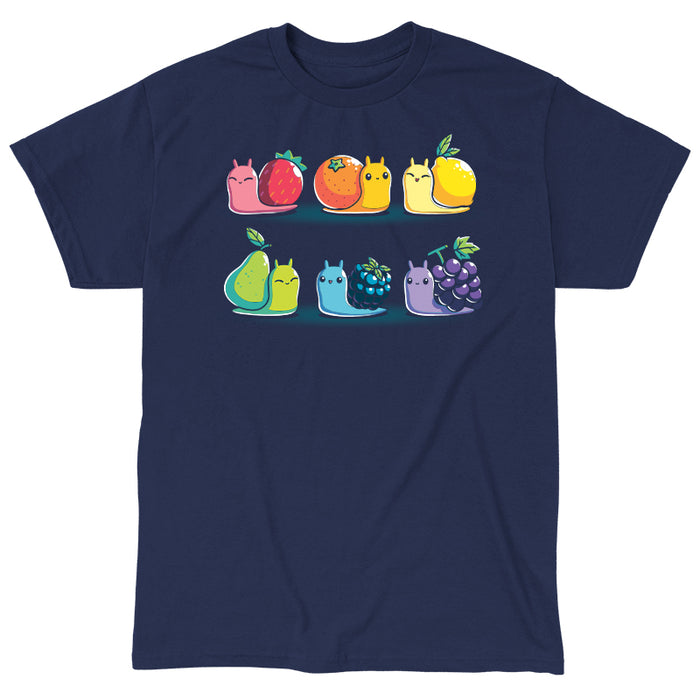 Classic Cotton T-shirt_TeeTurtle navy blue Rainbow Fruit Snails featuring six colorful rainbow fruit snails with fruit shells: strawberry, orange, lemon, pear, blackberry, and grape.