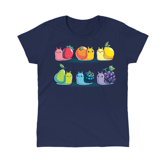 Classic Cotton T-shirt_TeeTurtle navy blue Rainbow Fruit Snails featuring six colorful rainbow fruit snails with fruit shells: strawberry, orange, lemon, pear, blackberry, and grape.