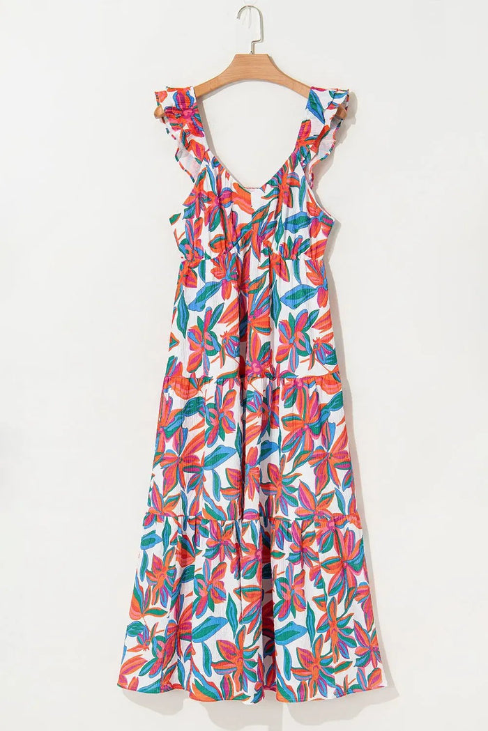 Red Boho Floral Ruffled Strap V Neck Maxi Dress - Dresses/Maxi Dresses