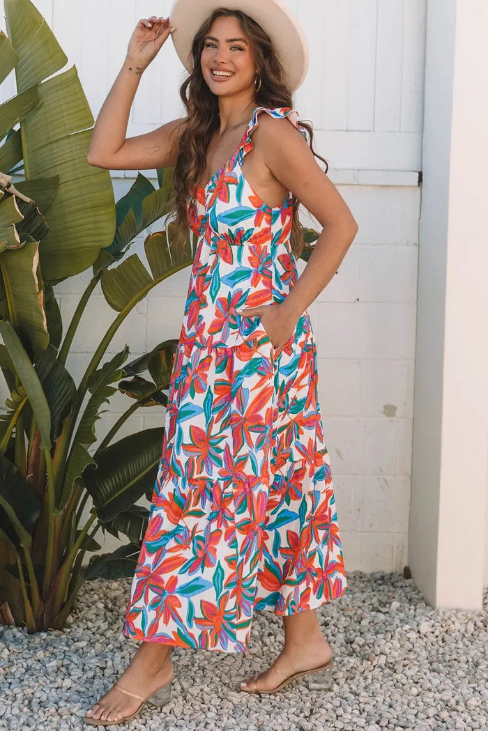 Red Boho Floral Ruffled Strap V Neck Maxi Dress - Dresses/Maxi Dresses