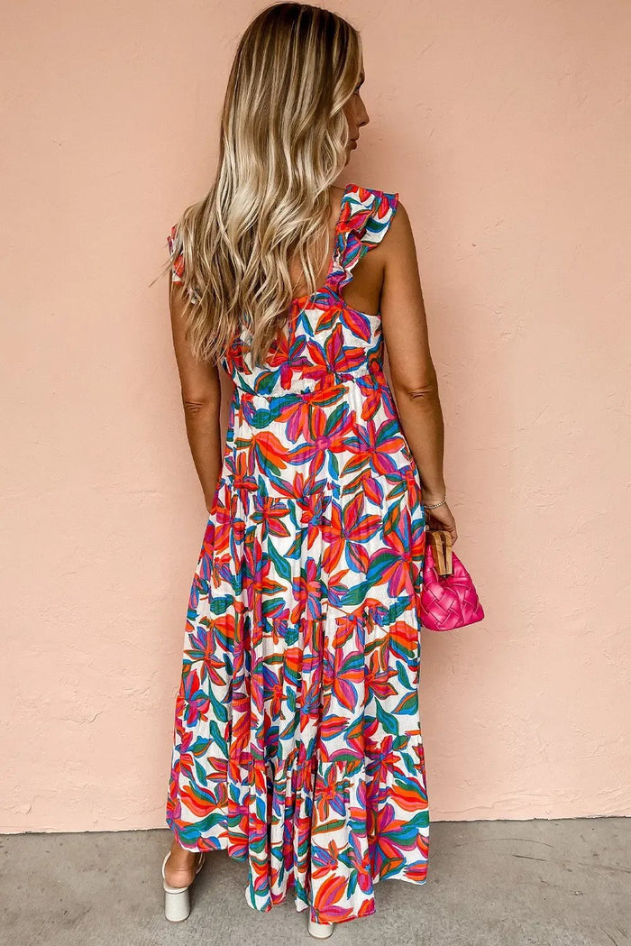 Red Boho Floral Ruffled Strap V Neck Maxi Dress - Dresses/Maxi Dresses