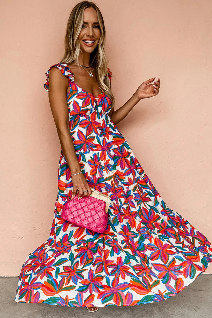 Red Boho Floral Ruffled Strap V Neck Maxi Dress - Dresses/Maxi Dresses