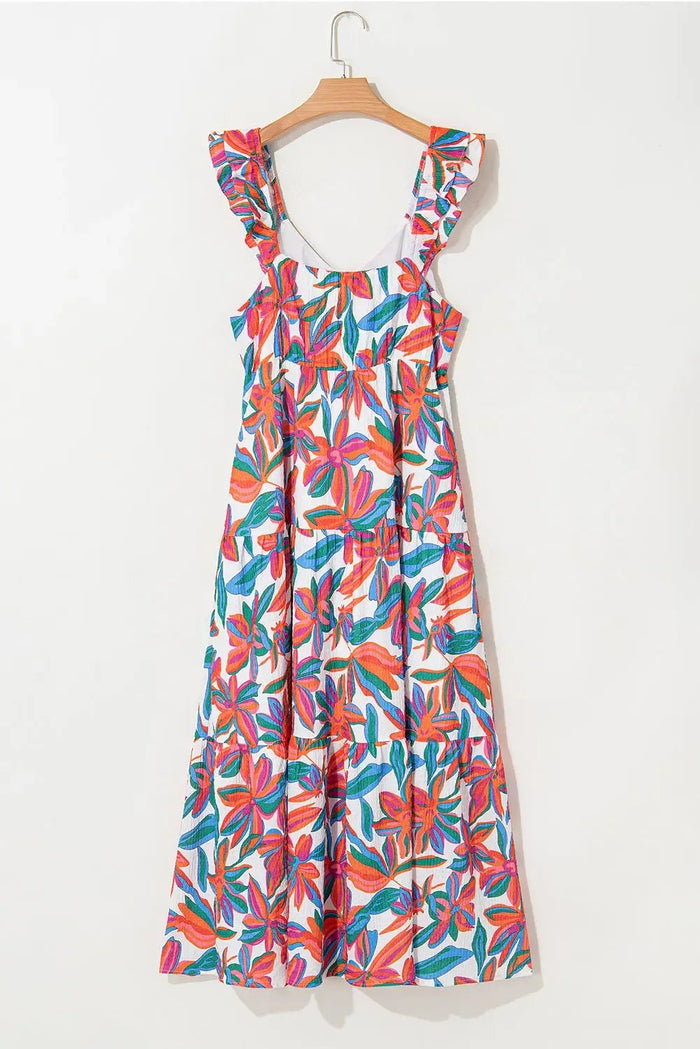 Red Boho Floral Ruffled Strap V Neck Maxi Dress - Dresses/Maxi Dresses