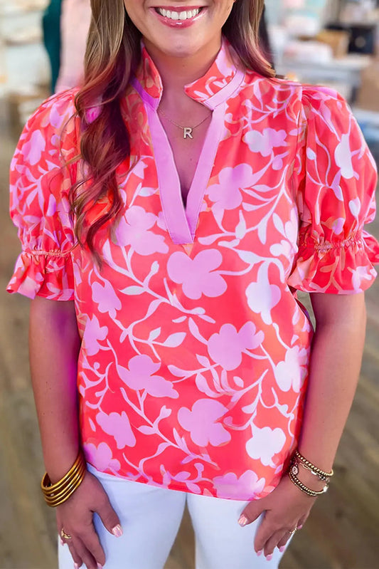 Red Floral Split V-Neck Ruffled Short Sleeve Blouse Top - S / 100% Polyester - Tops/Blouses & Shirts