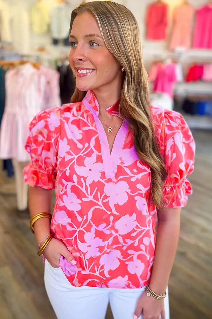 Red Floral Split V-Neck Ruffled Short Sleeve Blouse Top - Tops/Blouses & Shirts