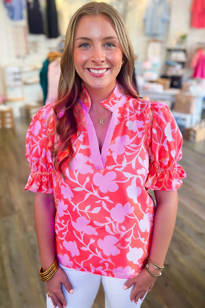 Red Floral Split V-Neck Ruffled Short Sleeve Blouse Top - Tops/Blouses & Shirts