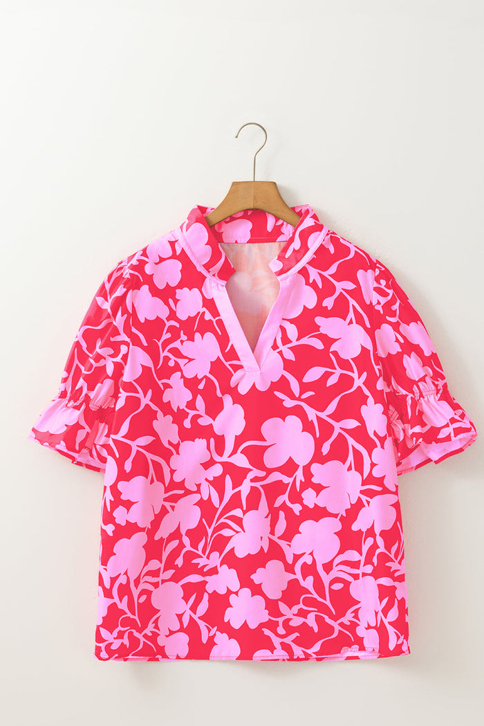 Red Floral Split V-Neck Ruffled Short Sleeve Blouse Top - Tops/Blouses & Shirts