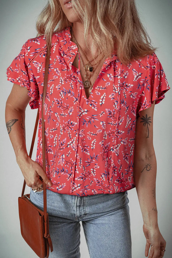Red Floral Tie Split Neck Short Flounce Sleeve Crinkled Blouse - S / 100% Viscose - Tops/Blouses & Shirts