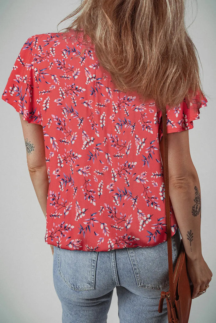 Red Floral Tie Split Neck Short Flounce Sleeve Crinkled Blouse - Tops/Blouses & Shirts