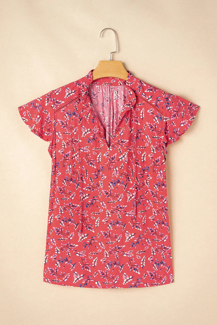 Red Floral Tie Split Neck Short Flounce Sleeve Crinkled Blouse - Tops/Blouses & Shirts