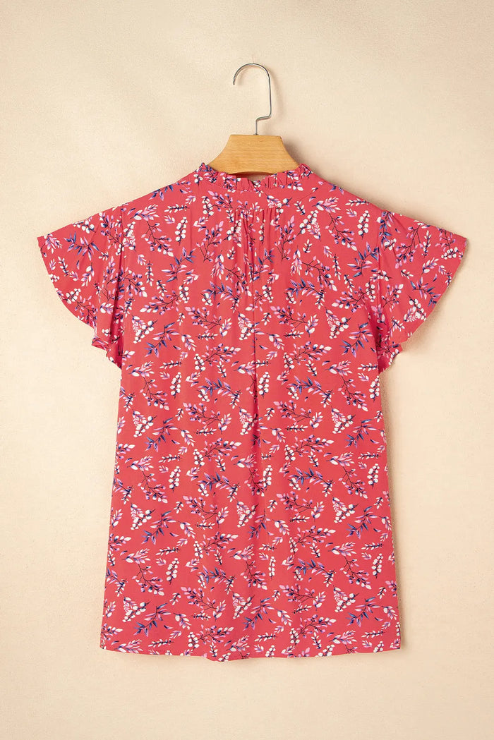 Red Floral Tie Split Neck Short Flounce Sleeve Crinkled Blouse - Tops/Blouses & Shirts
