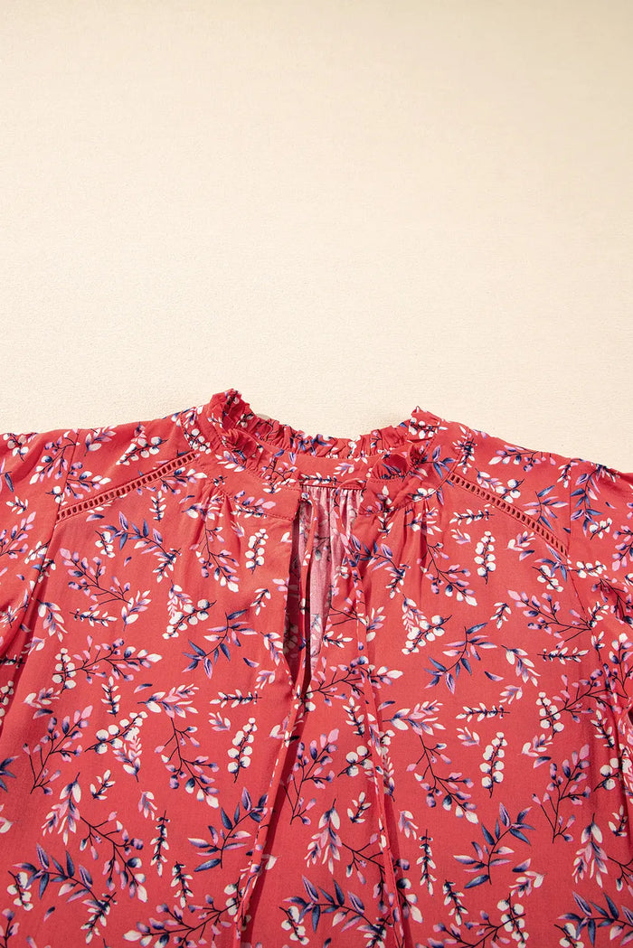 Red Floral Tie Split Neck Short Flounce Sleeve Crinkled Blouse - Tops/Blouses & Shirts