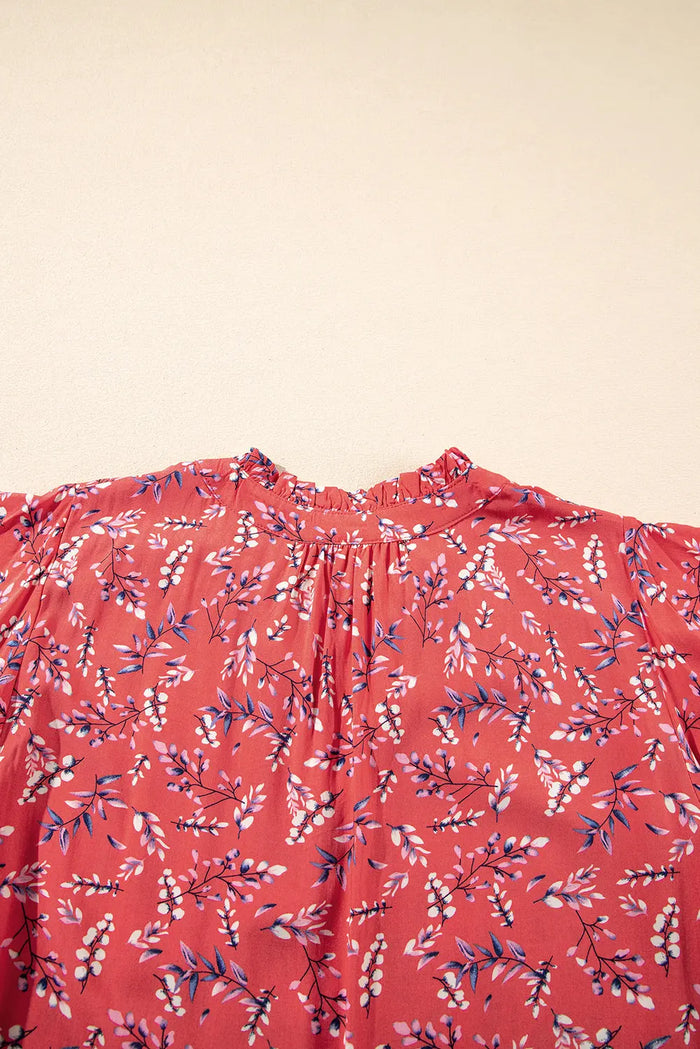 Red Floral Tie Split Neck Short Flounce Sleeve Crinkled Blouse - Tops/Blouses & Shirts