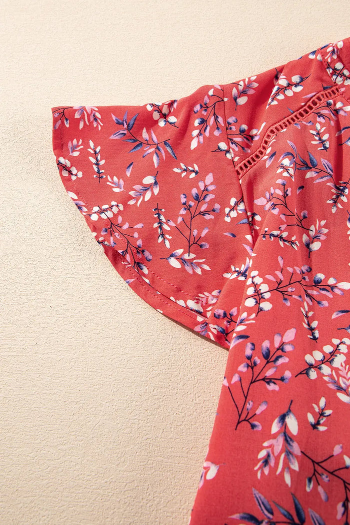Red Floral Tie Split Neck Short Flounce Sleeve Crinkled Blouse - Tops/Blouses & Shirts