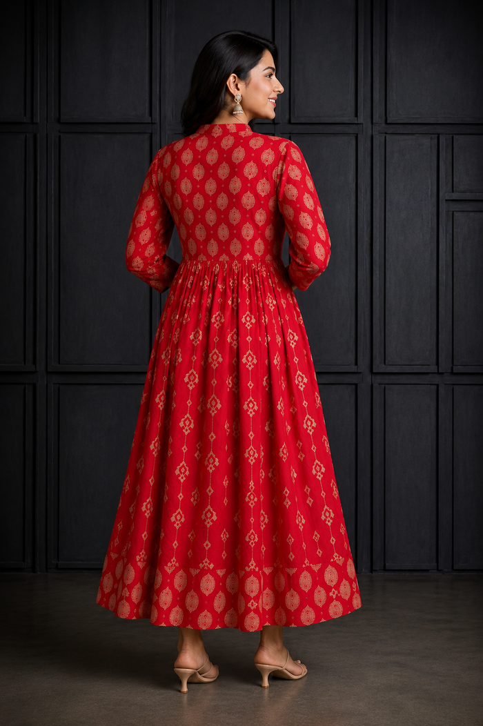 Red & Gold Printed Women’s Festive Anarkali Dress