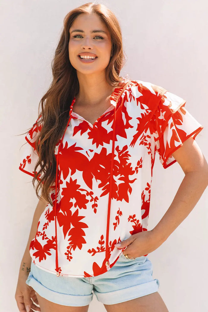 Red Plant Print Tiered Ruffled Sleeve V Neck Blouse - S / 100% Polyester - Tops/Blouses & Shirts