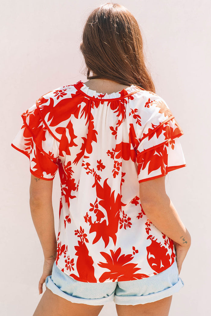 Red Plant Print Tiered Ruffled Sleeve V Neck Blouse - Tops/Blouses & Shirts