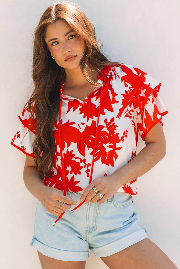 Red Plant Print Tiered Ruffled Sleeve V Neck Blouse - Tops/Blouses & Shirts