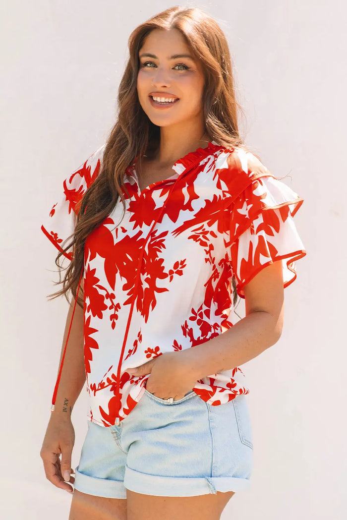 Red Plant Print Tiered Ruffled Sleeve V Neck Blouse - Tops/Blouses & Shirts