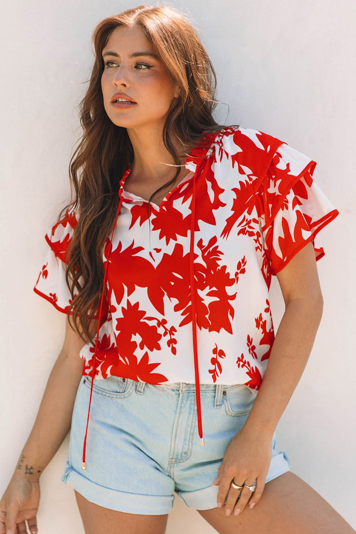 Red Plant Print Tiered Ruffled Sleeve V Neck Blouse - Tops/Blouses & Shirts