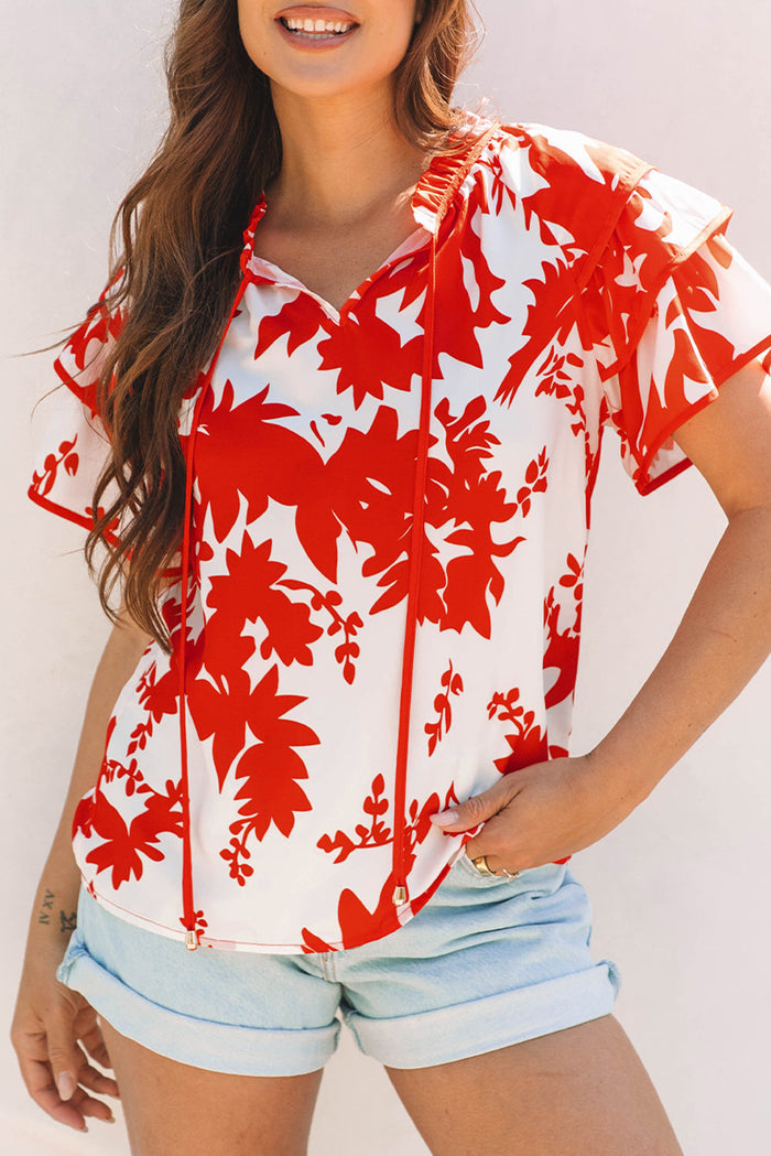 Red Plant Print Tiered Ruffled Sleeve V Neck Blouse - Tops/Blouses & Shirts